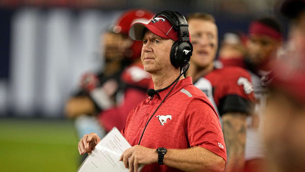 Aug 20, 2022; Toronto, Ontario, CAN; Calgary Stampeders head coach Dave Dickenson reacts during the second half against the Toronto Argonauts at BMO Field. Mandatory Credit: John E. Sokolowski-USA TODAY Sports  